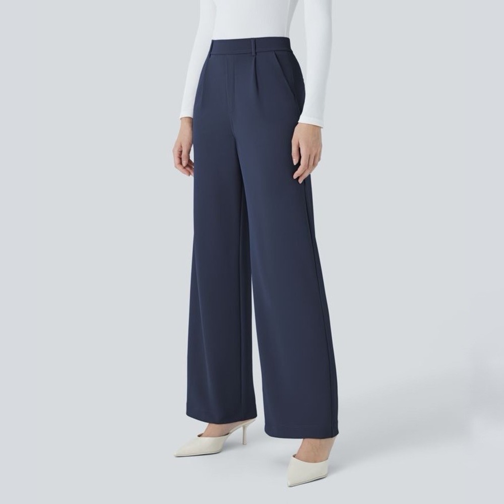 Halara Flex High Waisted Pocket Straight Leg Crepe Work Pants Indigo Size M